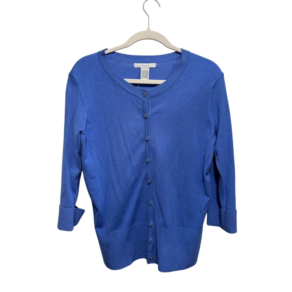 NWT Grace Womens L Blue Crew Neck Button Front Cardigan Sweater Roll Cuff Knit